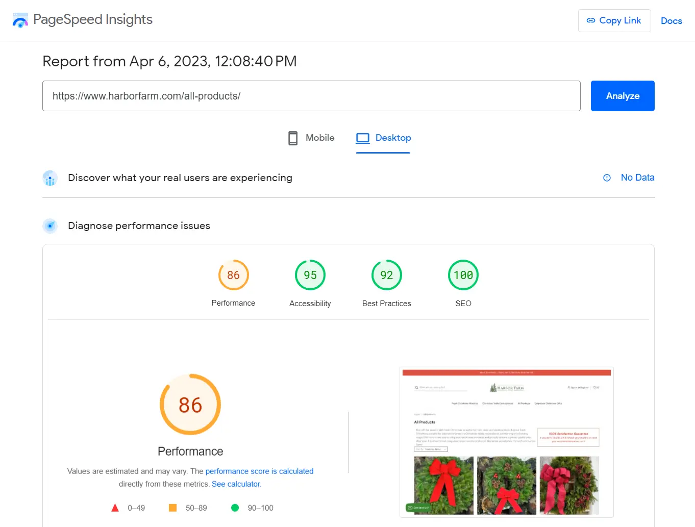 PageSpeed Insights Desktop report showing a performance score of 86.